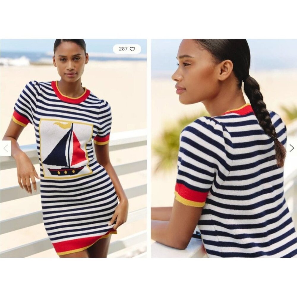 NWT Anthropologie Nautical Sailboat Flat White Knit Crew Neck Mini Dress Size XS